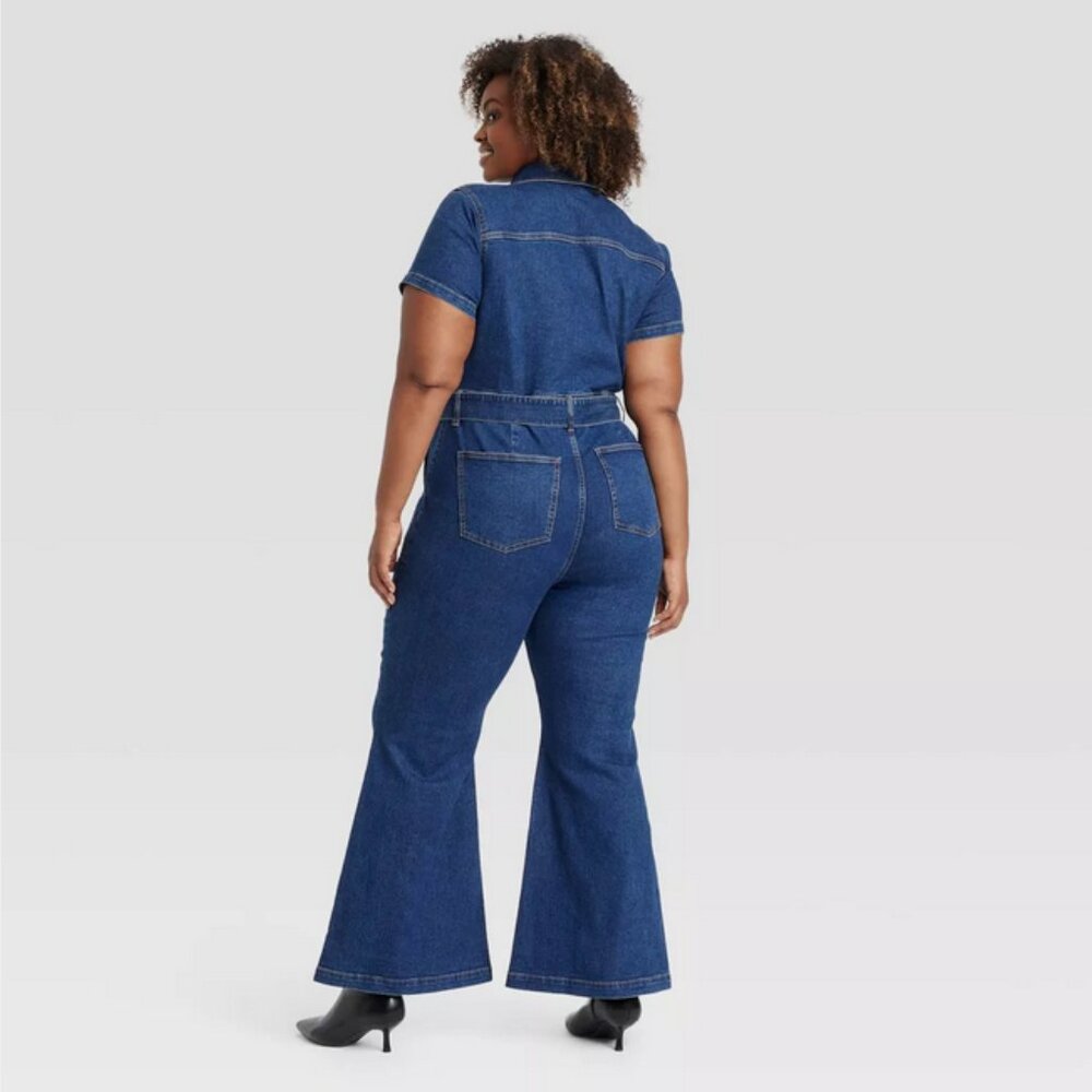 Women's Short Sleeve Denim Jumpsuit - Ava & Viv Dark Wash 20 - Picture 2 of 3
